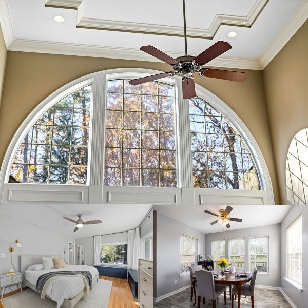 Ceiling fans installed in a great room, bedroom and dining room
