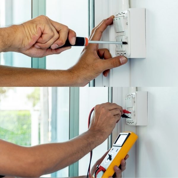 An electrician testing a switch and outlet with a multimeter